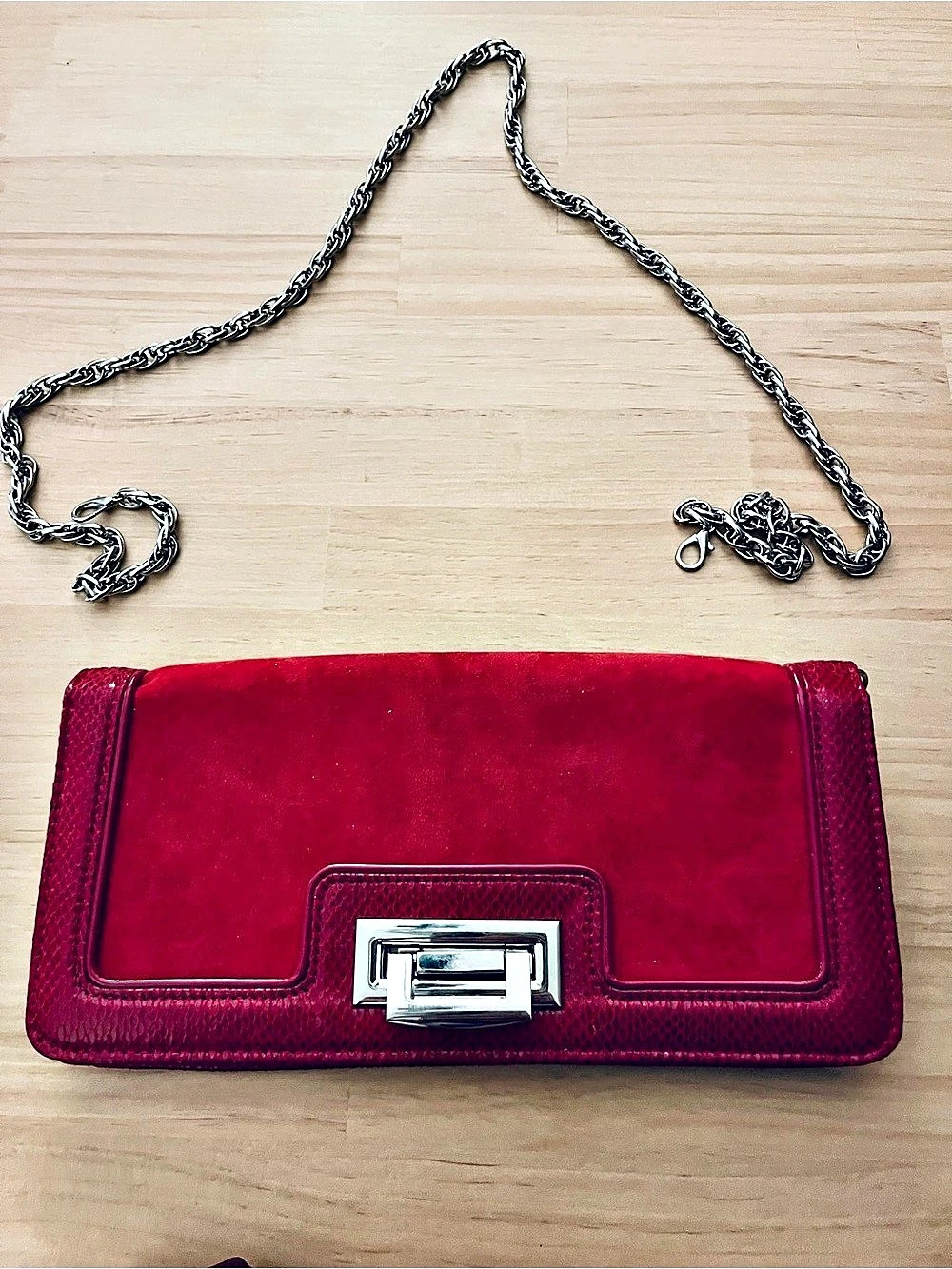 White House Black Market Red Suede Clutch Crossbody Like New - 11” x 5.5” x 1”